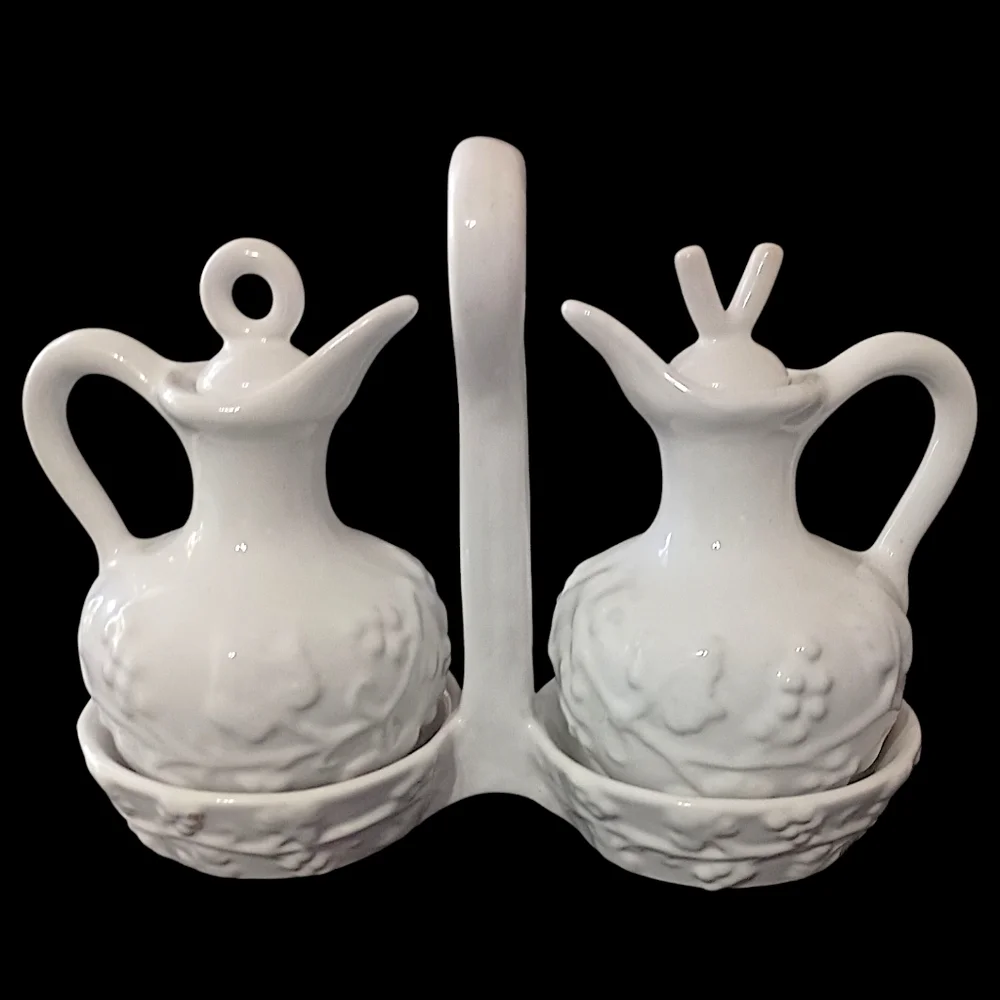 PV Italy Pottery Cruet Set White Oil Vinegar‎ Carrier Embossed Peasant Village